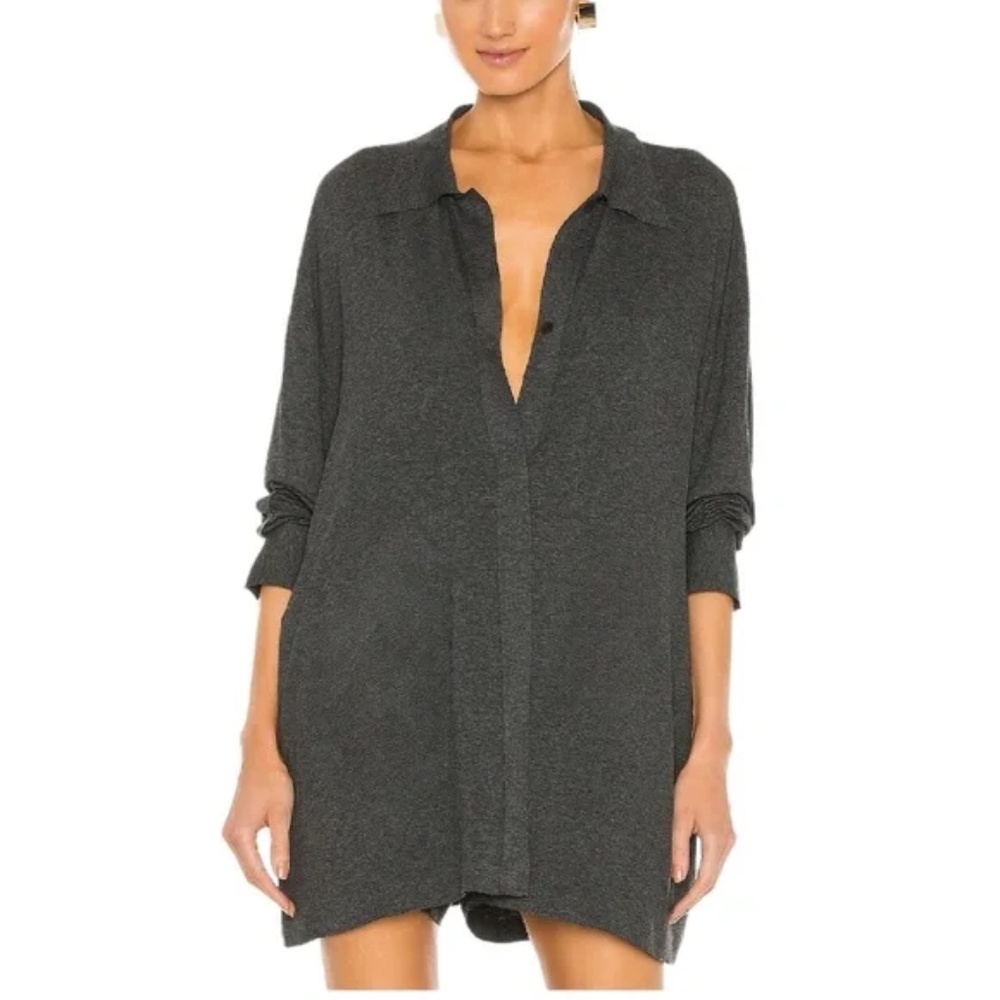 NORMA KAMALI DARK GRAY OVERSIZED BOYFRIEND SHIRT, Size XS - Picture 2 of 8